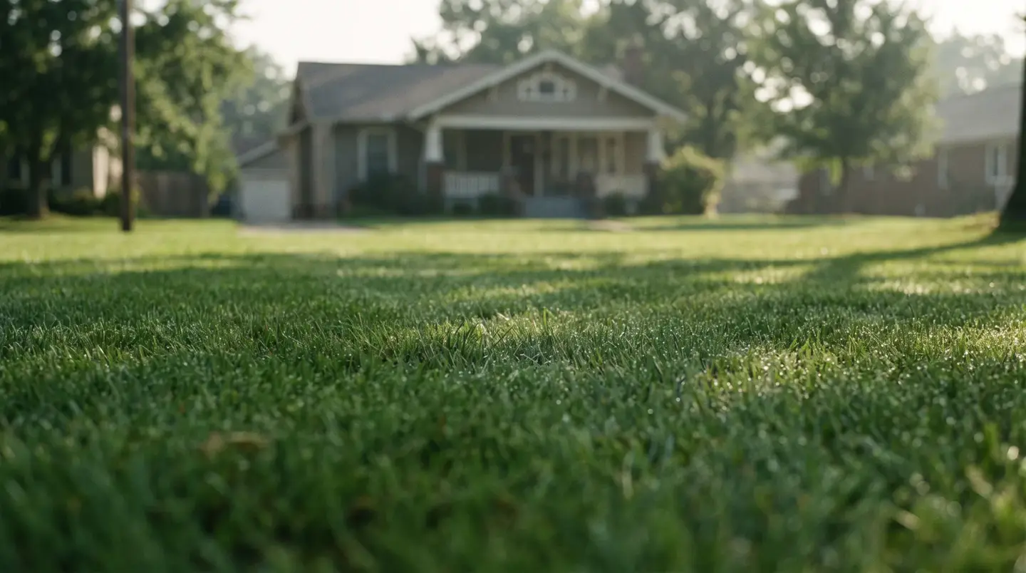 A dew-covered front lawn at sunrise with a craftsman house behind it