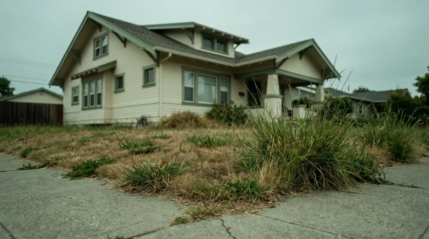 An overgrown, patchy front lawn with weeds spilling over a cracked sidewalk