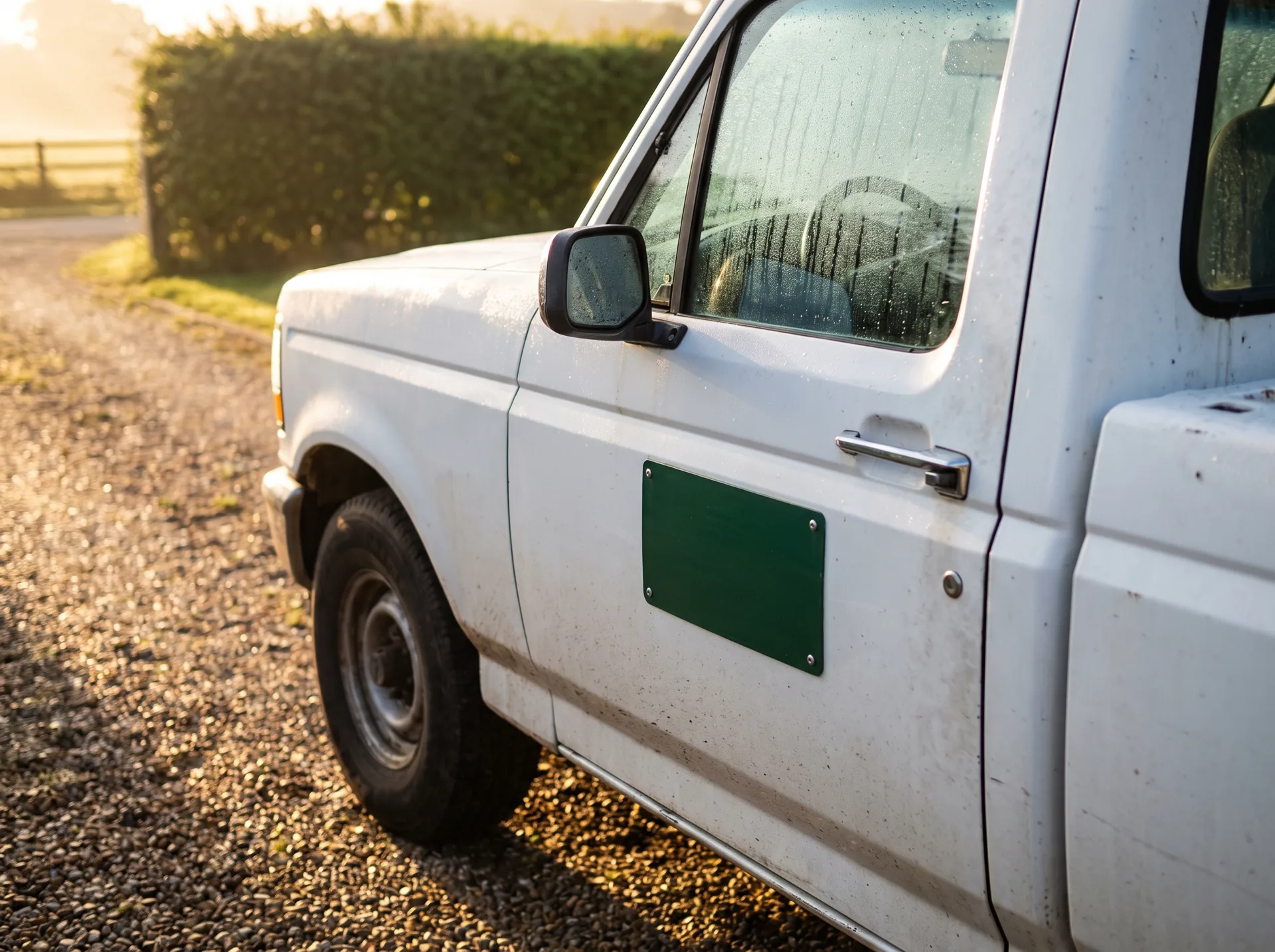 The closed door of the crew truck on a gravel driveway at 8am