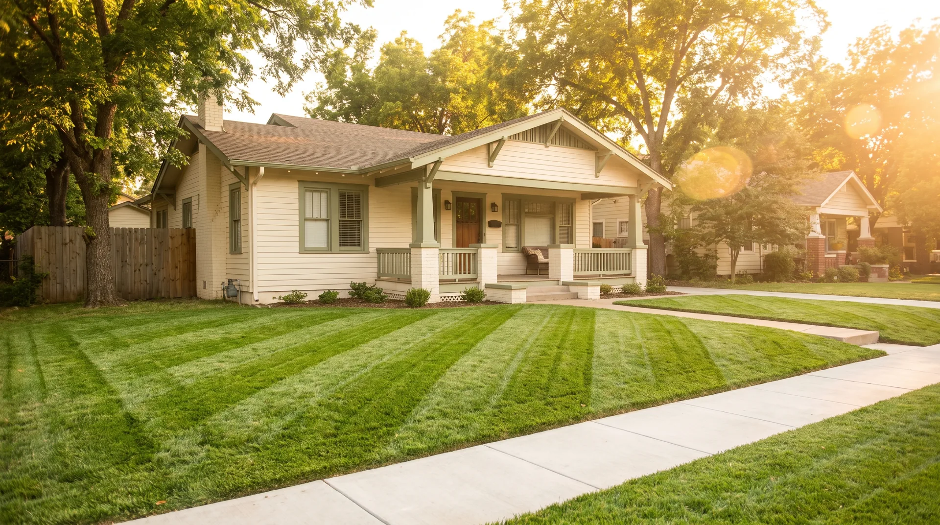 The same front lawn freshly mown into clean diagonal stripes in late sun