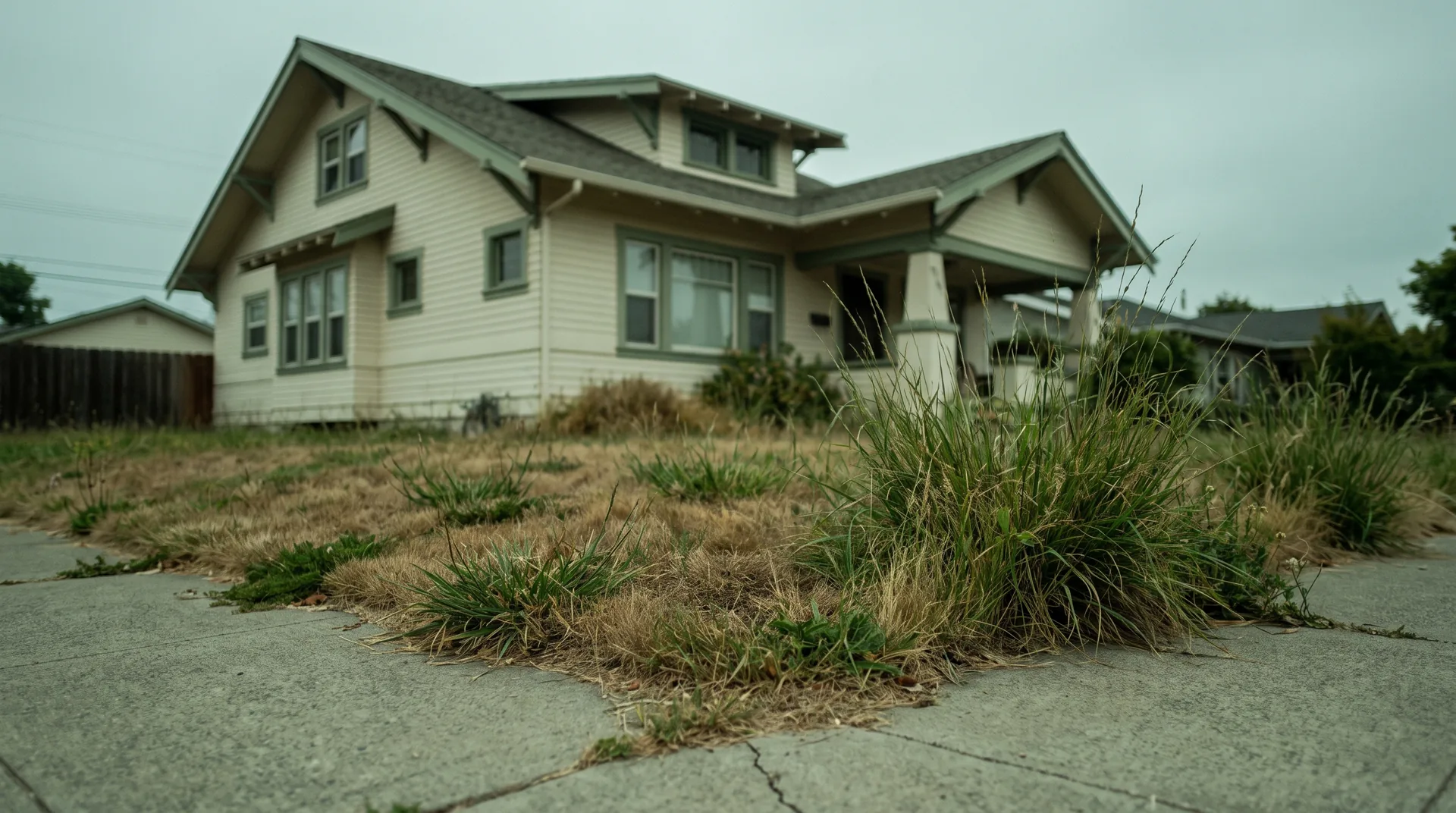 An overgrown, patchy front lawn with weeds spilling over a cracked sidewalk